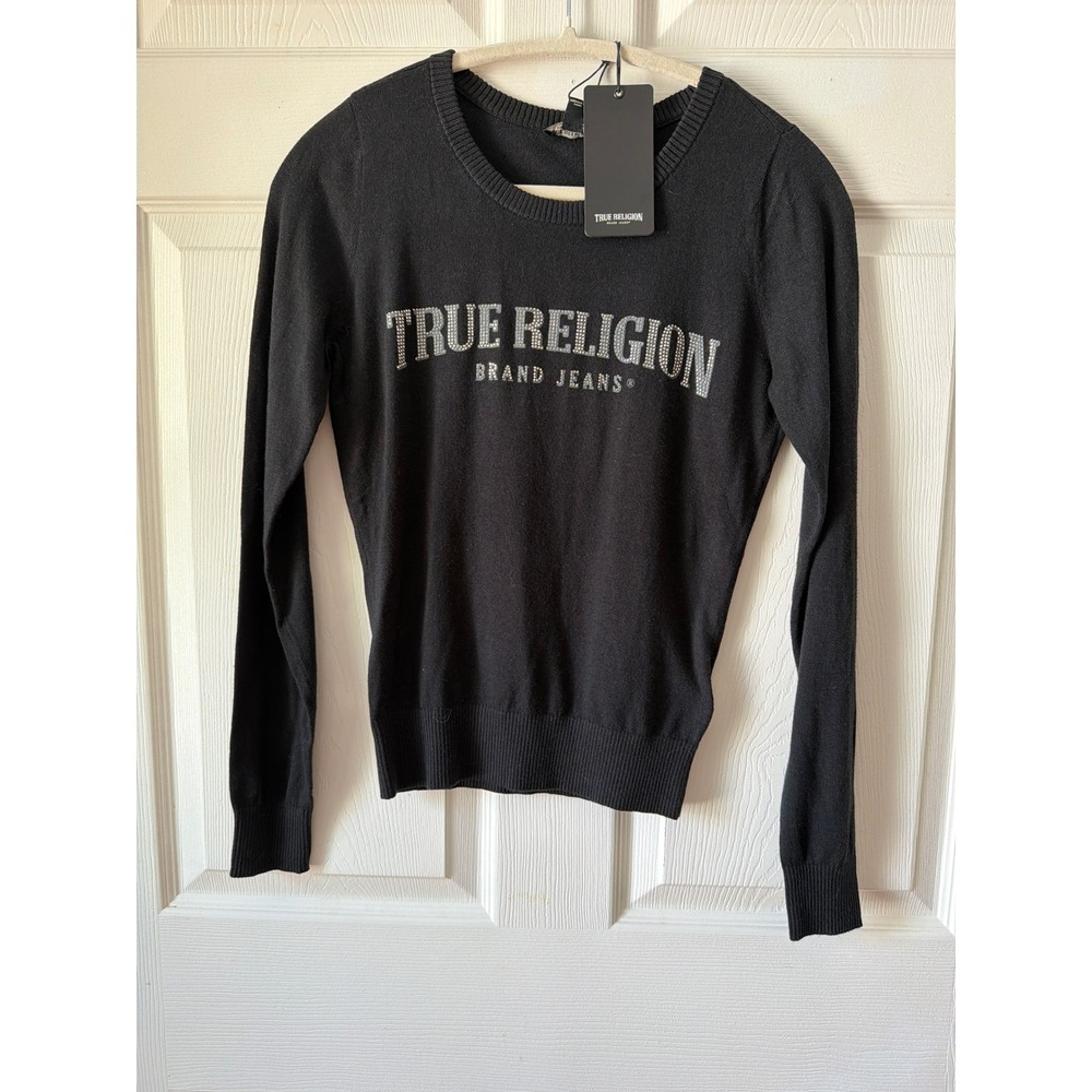 True Religion Crystal Logo Fitted Sweater Womens XS Black Rhinestone Y2K 207264
